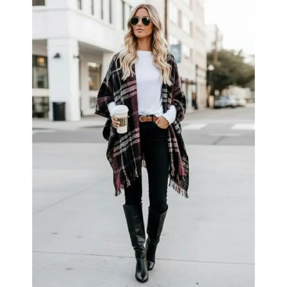 Oversized Reversible Poncho Shawl Wrap Warm Plaid Sweater Cape Cardigan